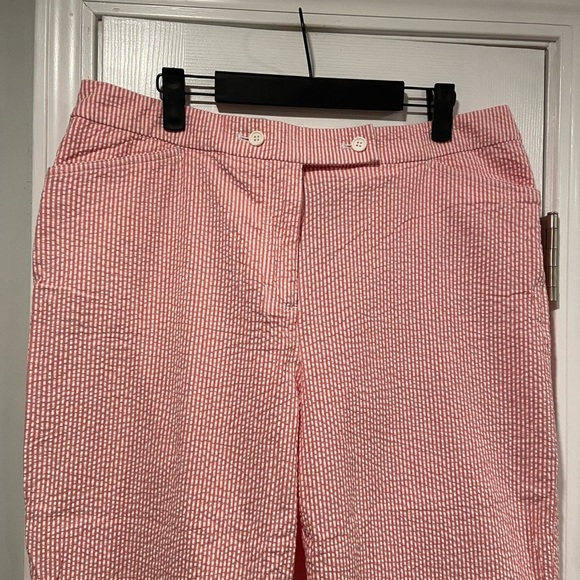 Jones Studio Size 14 Pink White Stripe Seersucker Cotton Stretch Cropped Pants - Picture 2 of 11